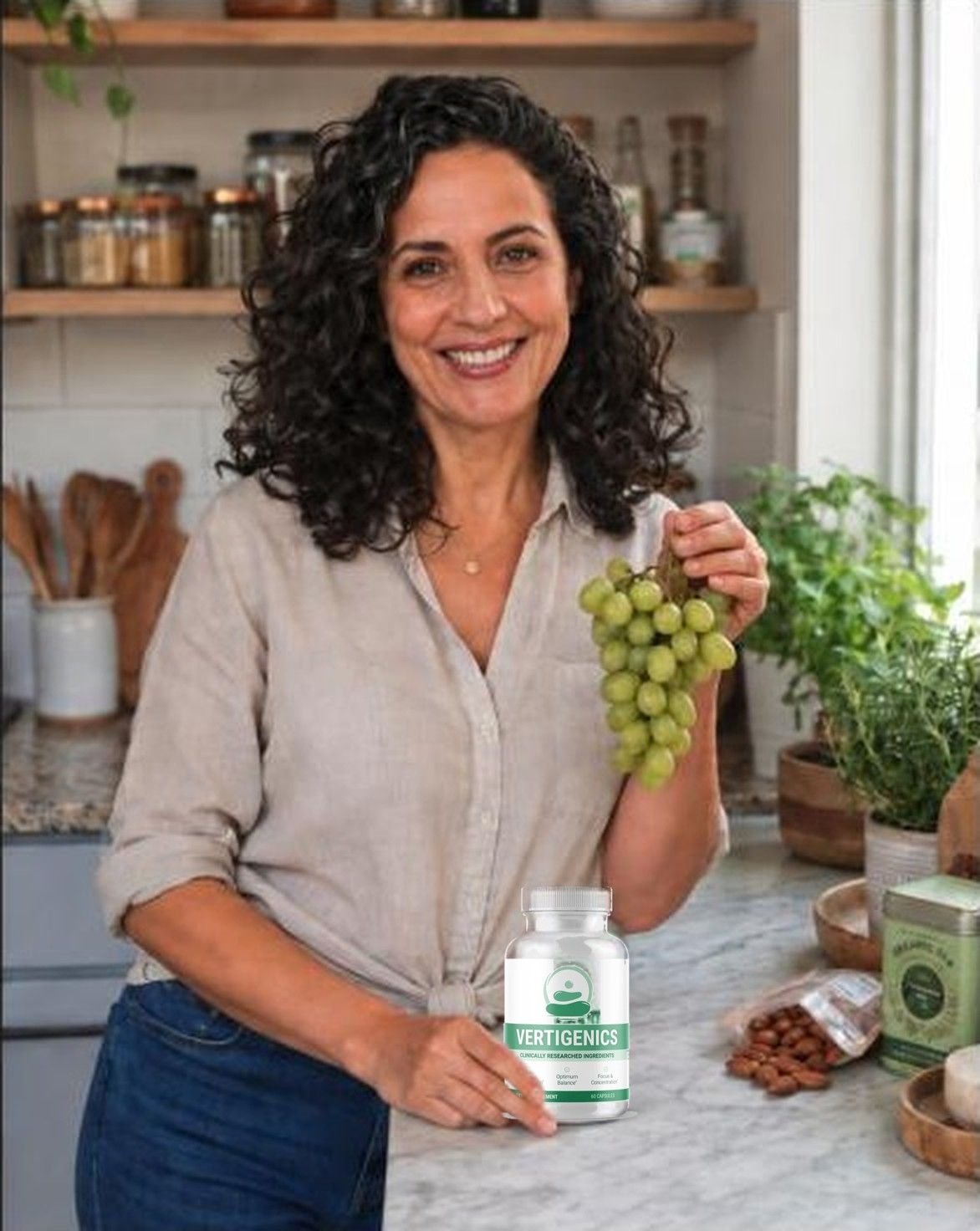 Patricia after using Vertigenics, holding the bottle in her kitchen